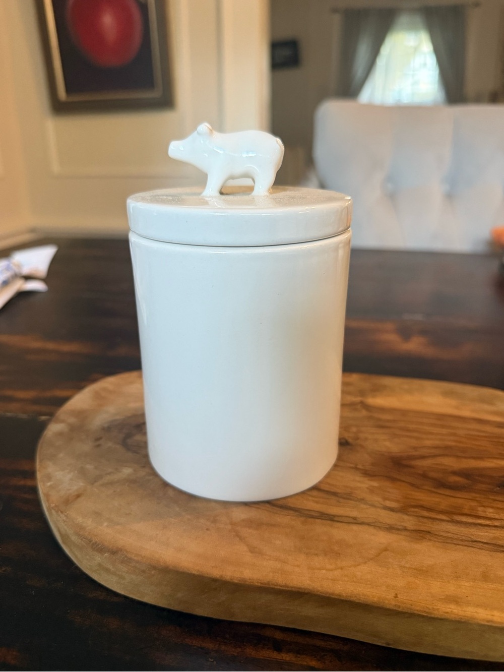 West Elm Glossy White Ceramic Canister with Pig Finial